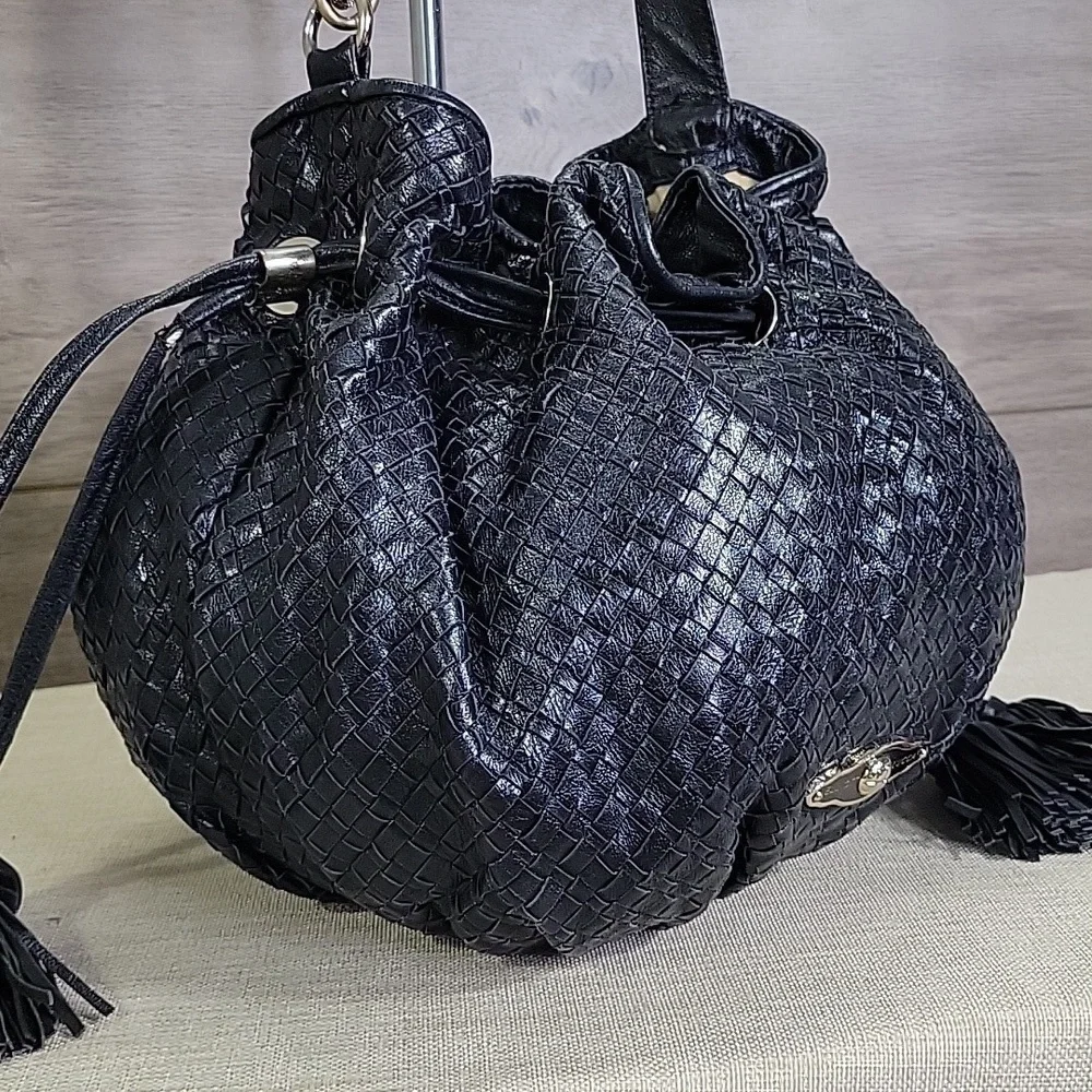 Elliott Lucca Black Woven Leather Drawstring Crossbody Bag